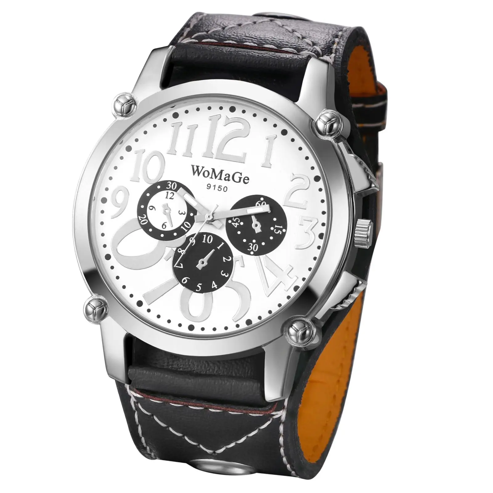 OIDEA Men's Steampunk PU Leather Cuff Watch - 1.93in Rectangle Dial Analog Quartz Biker Wristwatch, Wide Buckle Band, 3-Eye Decoration, Hand-Stitched Finish, Oversized Digital-Style Markers, Water Resistant, Great Gift for Best Friends, Rockwear