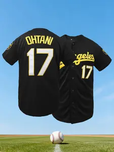 Men's Los Angeles 17 Embroidered Baseball Jersey, Black and Gold Button Down Short Sleeve Athletic Shirt, Sportswear Top, Athletic Tops, Breathable Baseball Uniform for Sports, Hip Hop and Casual Outfits