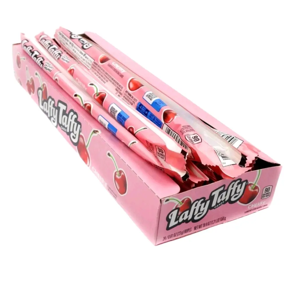 Laffy Taffy Cherry Fruity Stretchy Chewy Candy Treats - 24-Count Boxed Pack, Low Sodium Corn-Based Sugar Snacks, Ferrera Candy, US-Made, 12-Month Shelf Life, Cupboard Storage, Party Snacks, Low Fats & Oils, All Ages, Mixed, Red 40