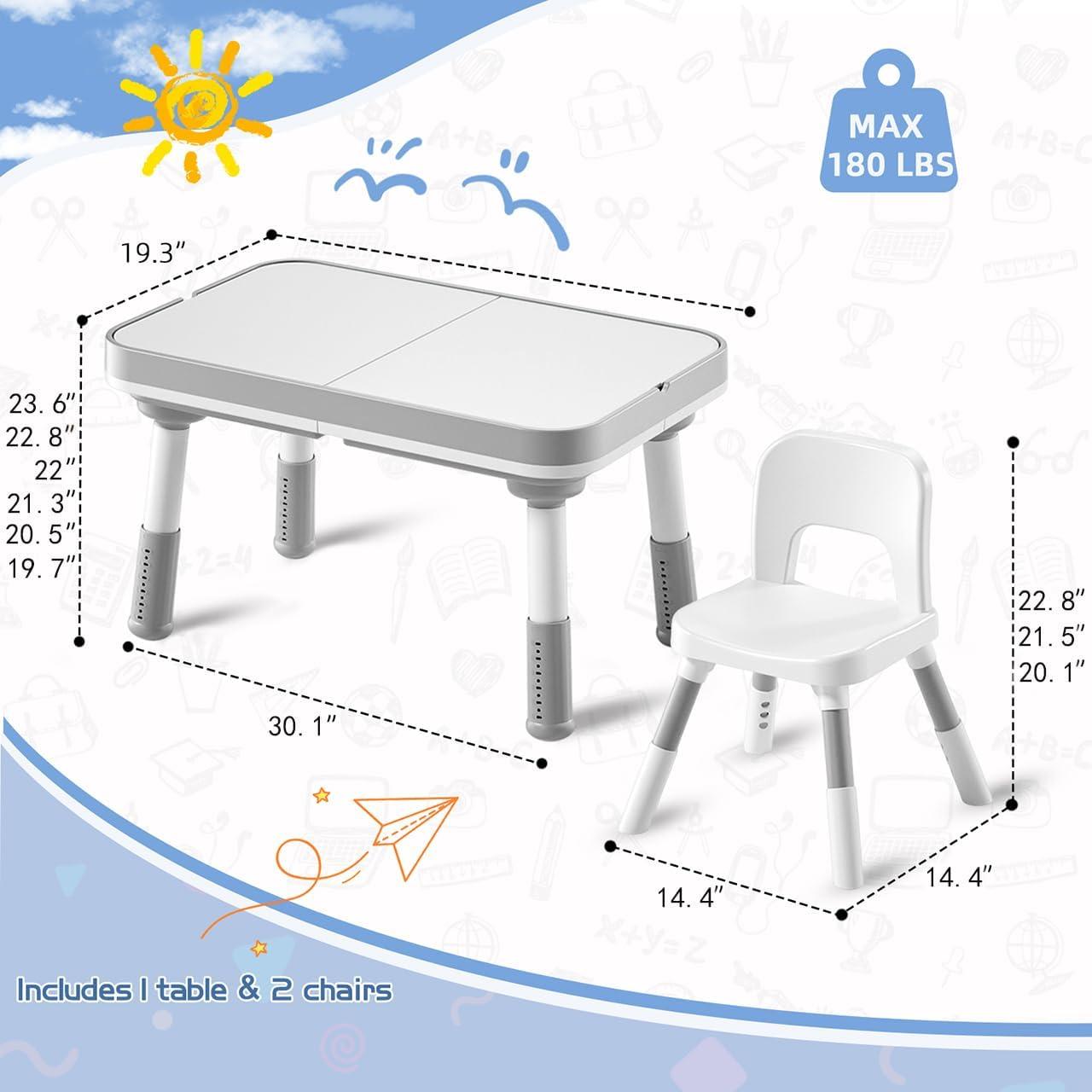 5-in-1 Adjustable Kids Table and 2 Chair Set, Multi-Function Toddler Activity Table with Storage Bin, Build & Learn Desk for Blocks, Art, Dining, Sensory Play, Perfect for Playroom & Backyard