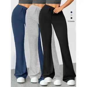 Women’s solid high-waisted flared sports leggings with drawstring, casual comfortable breathable bell-bottom pants for yoga, gym workouts, and running; ladies sportswear for fall and winter