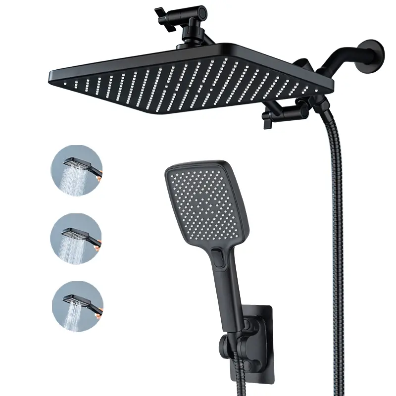 Modern Chrome-Handled High-Pressure Large-Diameter Multi-Setting Shower Head Set - Upgraded 11.8-in Rain Shower Head, 3-Setting Handheld, 9.65-in Metal Arm, 59-in Hose, Holder, 3-Way Diverter, Leak-Proof Washer, Teflon Tape Bathroom Fixtures, Chrome-Handl