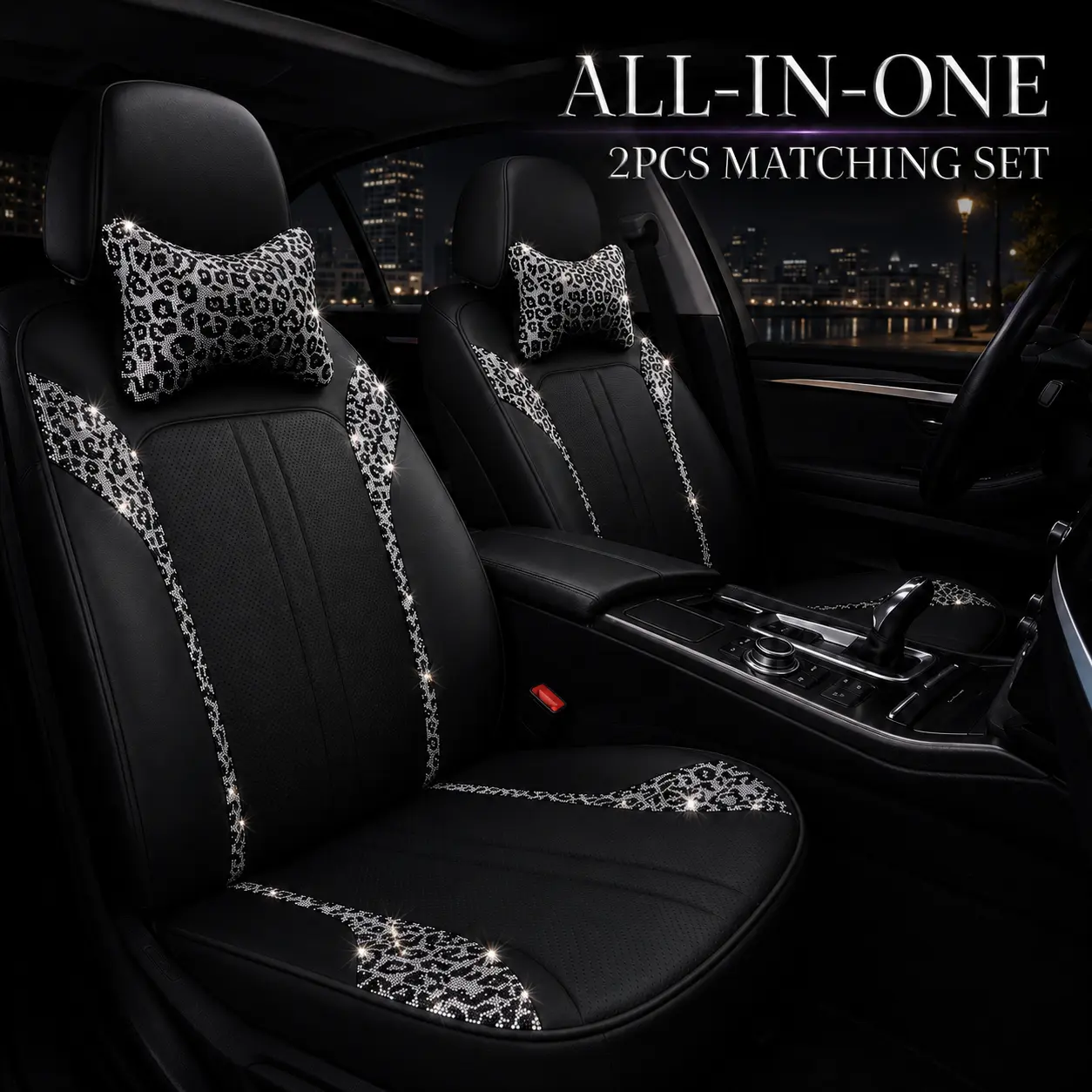 Queen’s Land Leopard 2Front Bling Sparkly Car Seat Covers with Crystal Rhinestone Headrest Pillows Set, Luxury Car Interior Accessories for Women, Girly Car Decor Gift
