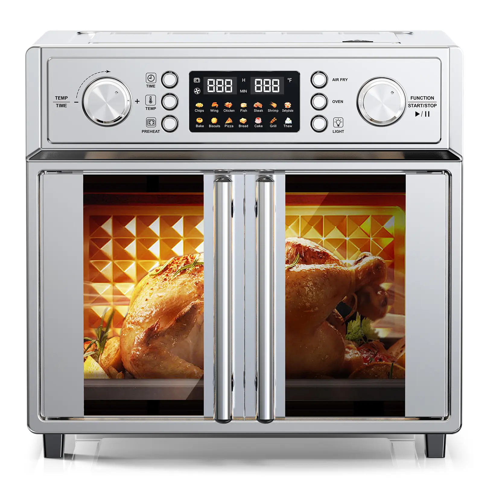 PlumChef 27.5QT French Double-Door Countertop Heavy Duty Oven - 1700W Programmable Convection Unit, 14 Preset Menus, 7-in-1 Multifunction (Bake, Roast, Grill, Toast, Dehydrate, Defrost), Stainless Steel Silvery Kitchen Appliance, Countertop Dual Ovens