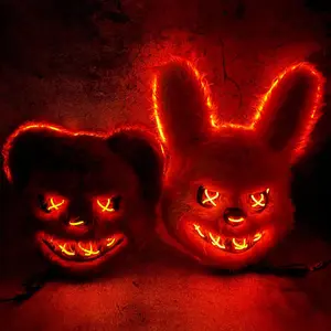 Glowing Animal Face Mask Costume, Horror Bear & Bunny Cosplay Mask with Bright Red LED Lights, Adjustable for Masquerade Parties
