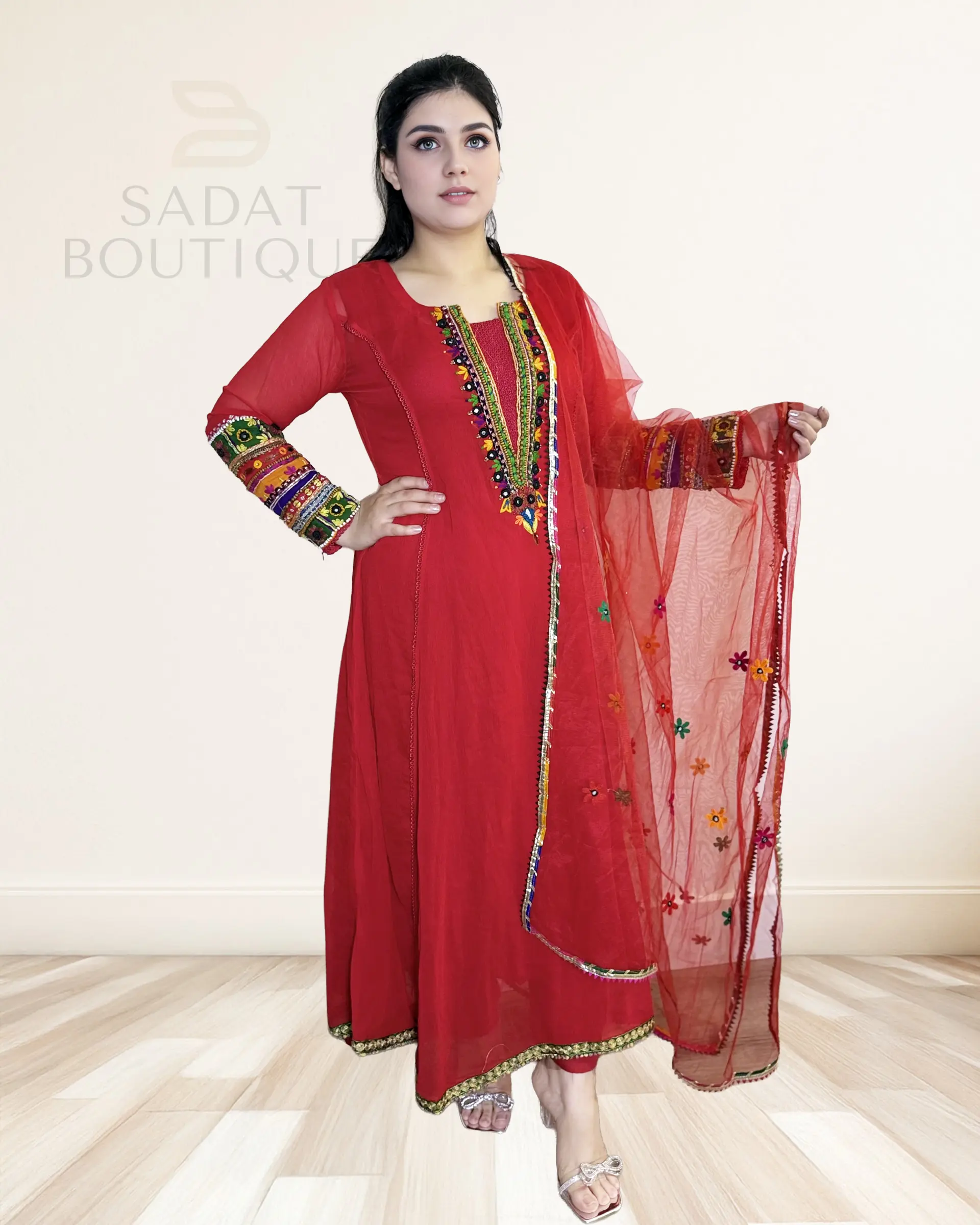 Sadat Boutique Women's Traditional Classic Red Afghan Dress - Lightweight, Sheer, Breathable, Hand-Embroidered Mirror-Accented Casual Elegance