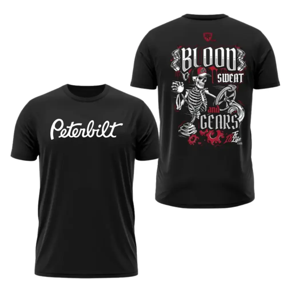 Peterbilt Blood Sweat and Gears T-Shirt, Skeleton Wrench Graphic & Red Accent Design, Peterbilt Graphic Work Shirt for Truckers & Diesel Mechanics, Gift for Rig Enthusiasts