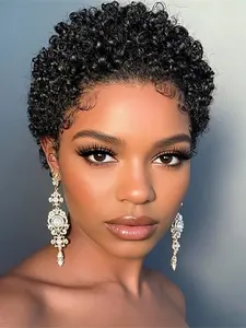 99J burgundy black color pixie cut short afro curly human hair wig machine made pixie wig daily party use human hair wig for women stylish gift wig Curly Wigs