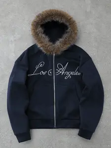 Cozy Winter Oversize Zip Up Hoodie | Black Faux Fur Hooded Sweatshirt with LA Embroidered Graphic Embroidery | Trending Y2K Street Style Thick Jacket Aesthetic Oversized