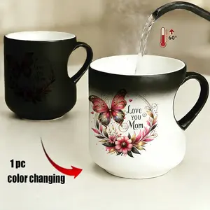 Color Changing Mug, Heart Handle Butterfly & Flowers Design, Thermosensitive Ceramic Coffee Mug, 11oz/330ML, Perfect Gift for Parties, Reusable