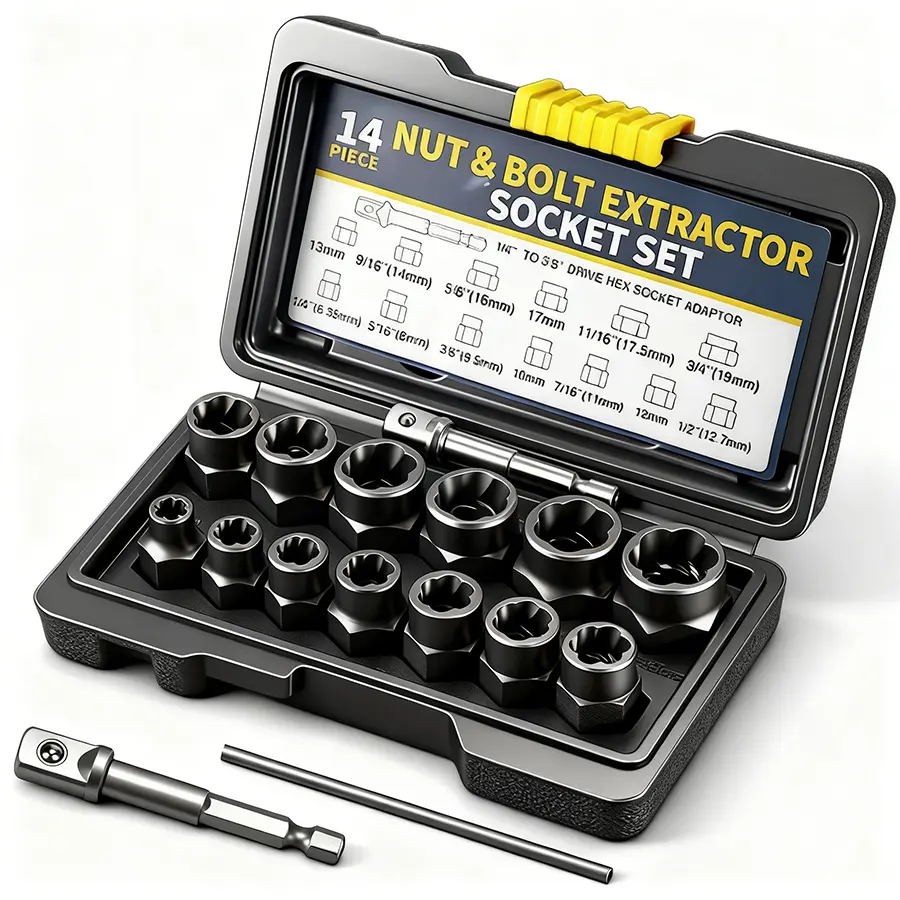 Professional Bolt Extractor Tool Set, 13+1 Counts Impact & Nut Remover Stripped Lug Remover, Drive Rounded Bolt Remover for Removing Damaged, Frozen Universal Impact impact bolt