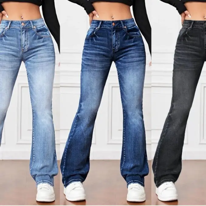 Lady's Basic Cotton Fabric Denim Jeans, High-Waist, Loose, Slimming Bootcut Trousers with Pocket, Pants, Bottoms, Loose Fit, Bootcut Cut, Flare Pants Jeans, Denim Fabric