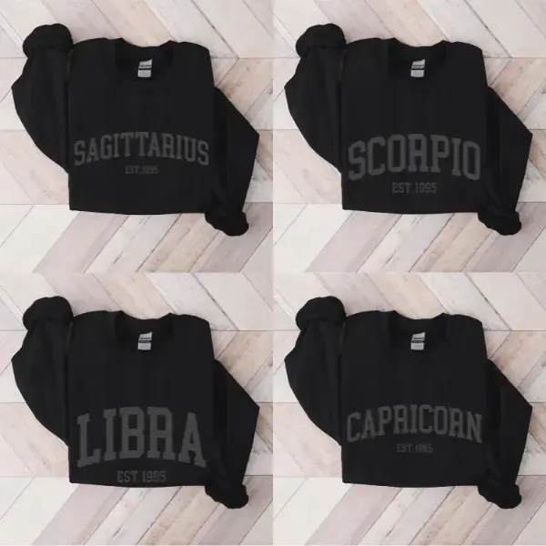 (Leave A Note or DM to Shop) (Ver 2) Custom Zodiac Sweatshirt – Black Color, Custom Year-Est Your Year Astrology Pullover, Cute Horoscope Energy Gift, Unisex Crewneck Sweatshirt, Birthday Zodiac Sign Outfit