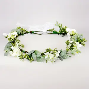 Green Leaf Crowns For Girls Women, Bridal Flower Crown Bride Hair Accessories Bohemian Floral Crown Eucalyptus Headband With Ribbon For Wedding Birthday Vacation Party Festival Photo Prop