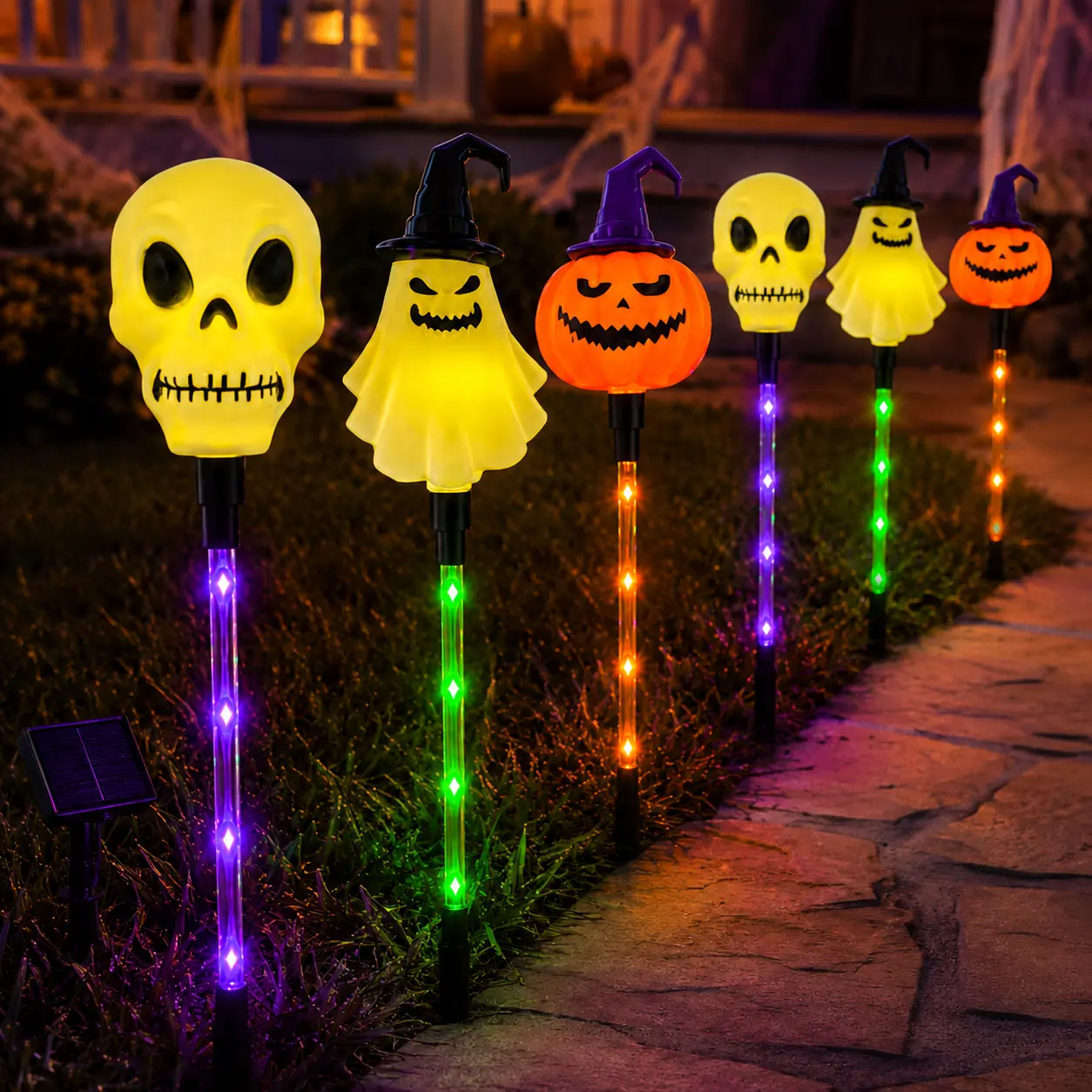 Halloween Solar Path Lights Set (6-Piece) - Outdoor Ghost Faces, Skeleton, Pumpkin Spooky Shapes with Plastic Frame, 8 Lighting Modes, IP65 Waterproof for Lawn, Sidewalk Home & Halloween Decorations