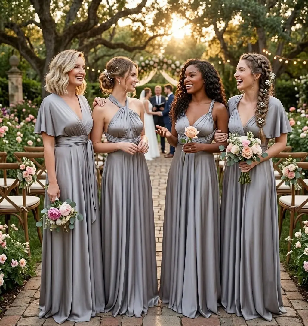 Women's Multiway Convertible Minimalist Style Maxi Dress - Sleeveless Wrap Bridal Bridesmaid Gown, Maternity-Friendly, Flattering Fit, Pocket, Formal Evening Wear