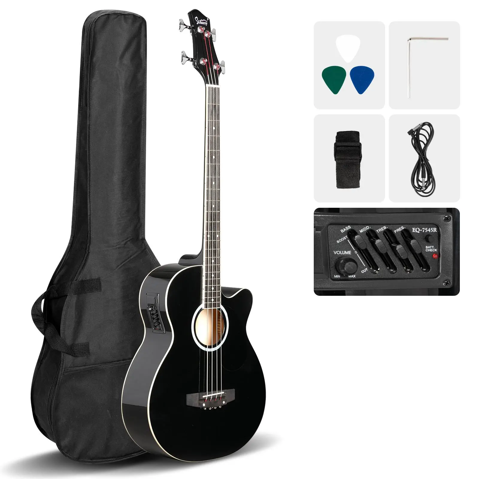 Ktaxon Glarry 4 String Acoustic Bass Guitar, Full Size Bass Guitar Kit with Portable Guitar Bag, Premium Cable, Wrench, Strap, Plectrum (Black)