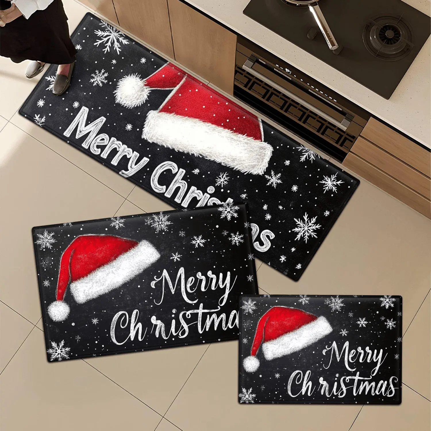 Flannel Black‑Chalkboard‑Style Background "Merry Christmas" Slogan Santa‑Hat Snowflake Printed Kitchen Water‑Absorbent Non‑Slip Washable Doormat For Home