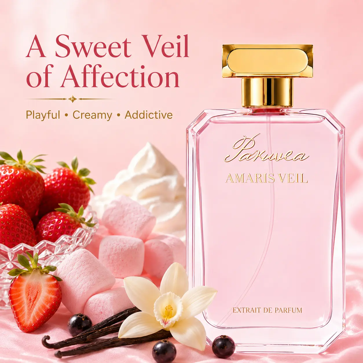 PARUVEA Amaris Veil Extrait de Parfum, Long-Lasting Strawberry Vanilla Gourmand, High Quality Floral Sweet Perfume with Fragrance Warmth, 100ml (3.4 fl oz)