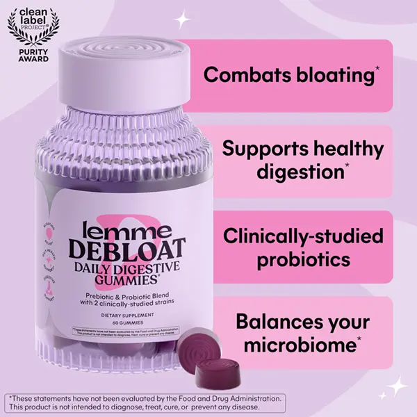 Lemme Debloat - Digestive & Gut Health Gummies with 2 Clinically Studied Probiotics & Prebiotic, Vegetarian, Gluten Free, Non GMO, BlackBerry Flavor (60 Count)