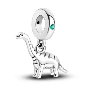 MULA Dinosaur Pendant – 925 Silver-plated Cute Brachiosaurus Pendant with Green CZs, Compatible with Pandora Bracelets and Necklaces, Great Gift for Kids, Teens and Women