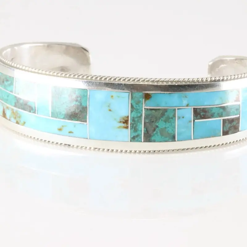 Glendora Booqua Native America Zuni Sterling Silver Turquoise Inlat Bracelet with Turquoise Beads and Silver Band 925