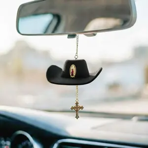 Faith Charm - cowboy hat with Virgin Mary charm and rhinestone trim. Red cross hanging charm