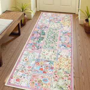 Vintage Floral Hallway Runner Rug, Decorative Area Rug, Non-Slip Washable Indoor Carpet, Soft Comfortable Modern Home Decor for Living Room Bedroom Kitchen