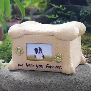 Pet Urn for Dog Ashes Box with Picture Funeral Cremation Box for Cat Resin Bone Shape Keepsake with Photo Frame for Loss of Dog Remembrance Gift