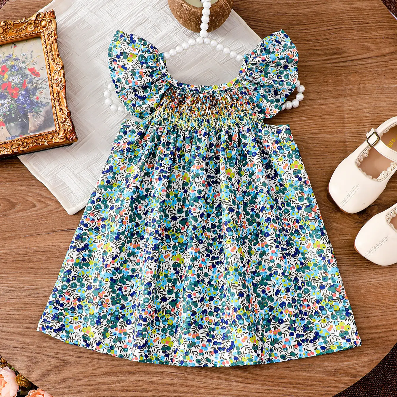 Toddler Girl Floral Smocked Dress with Ruffle Sleeves, 6M-4Y Kids Casual Summer boho earthy clothes Dress C504