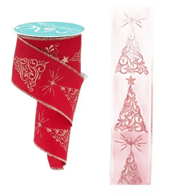 2.5" x 10yd Red & Gold Metallic Swirl Christmas Trees Ribbon