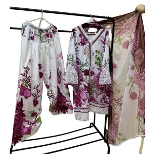 White Designer-Inspired Floral Kameez with Intricate Lace Detail and Stylish Farshi Shalwar Ready-to-Wear Lawn Suit with Embroidered Patti I & II and Lace Accents