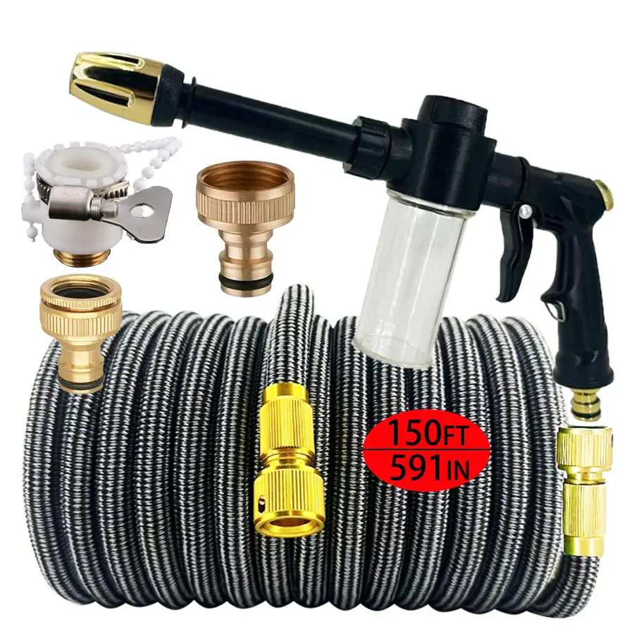 Garden Hose 25-150ft, Soaker Hose for Garden, Aluminum Connectors, High Pressure Spray Gun Nozzle, Expandable, Durable, Flexible Design, Outdoor Watering Needs, Extendable Garden Hose