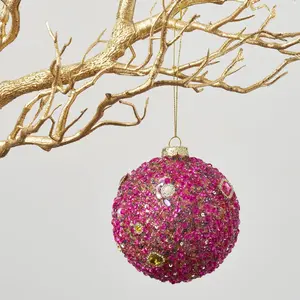 Rose, Pink & Gold Beaded Pearl & Gem Christmas Ball Ornament