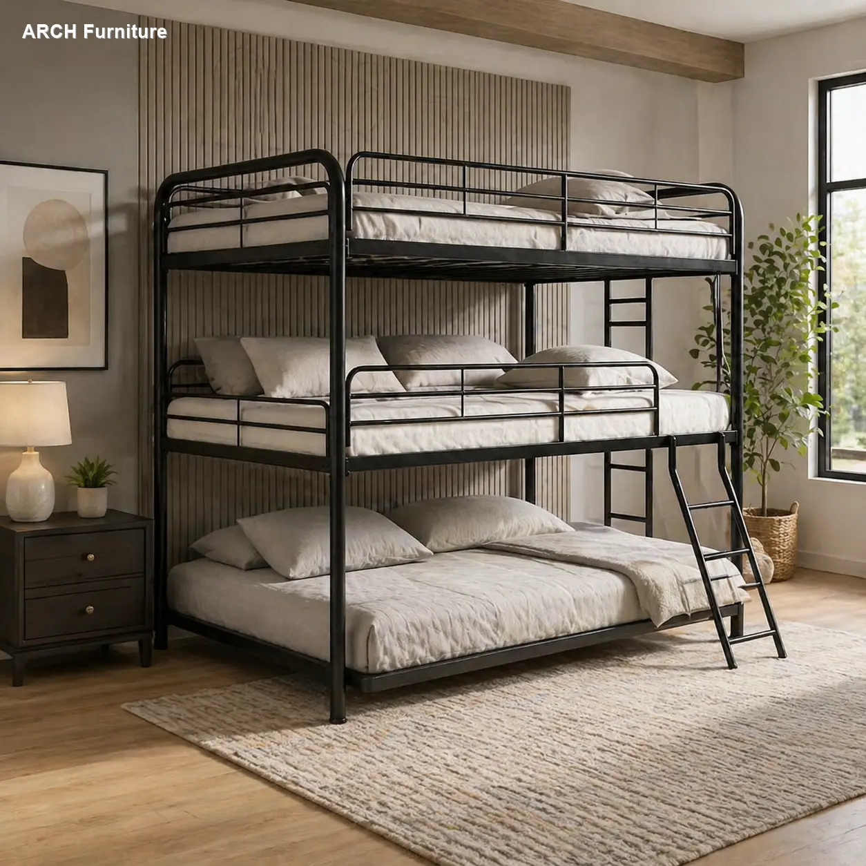 Black Modern Full-Size Stacked Triple Bunk Bed - 3 Full Sizes, Steel Bed Frames, Easy Setup, Indoor Home Furniture