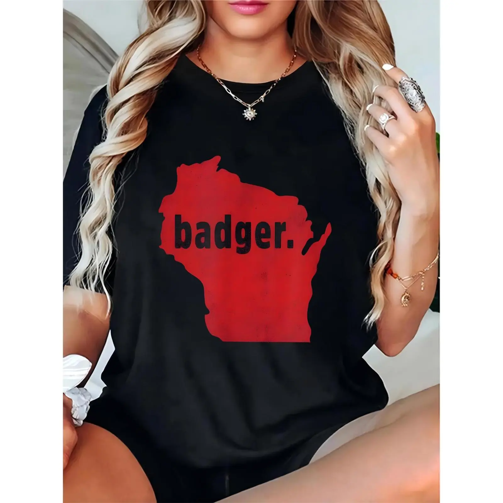 Women's Wisconsin Badger Graphic T-Shirt, Black Casual Tee with Red State Outline & 'badger.' Print, Perfect for Game Day, Daily Wear, Wisconsin Fans & Badger Lovers 100% Cotton T-shirt