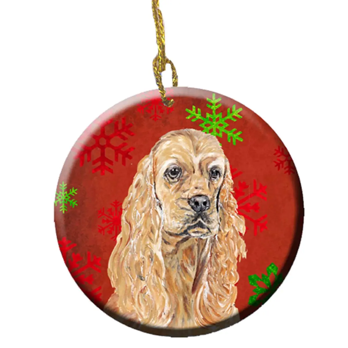 Buff Cocker Spaniel Red Snowflakes Holiday Ceramic Ornament, 2.81 Dia