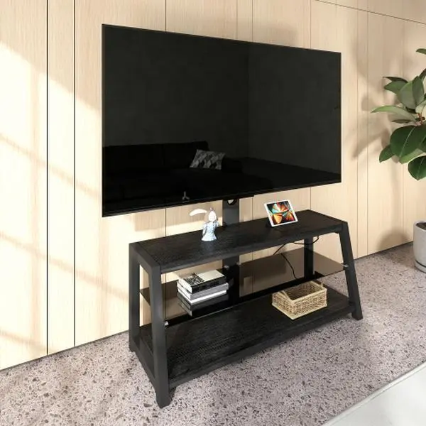 Wooden TV Stand with Black Tempered Glass - Height-Adjustable Universal Swivel Entertainment Center with TV Mount