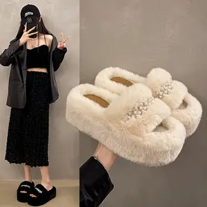 Rhinestone Platform Shoes Plush Soft and Comfortable Indoor Slippers - Stylish, Versatile, Lightweight, and Warm, Suitable for Home and Office Use, Comfortable with Multiple Colors Available, Women Shoes