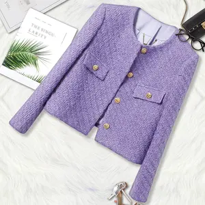 DUSHE Women's Tweed Jacket - Fitted Basic Long-Sleeve Purple Round-Neck Button-Up High-Temperament Casual Top for Lady