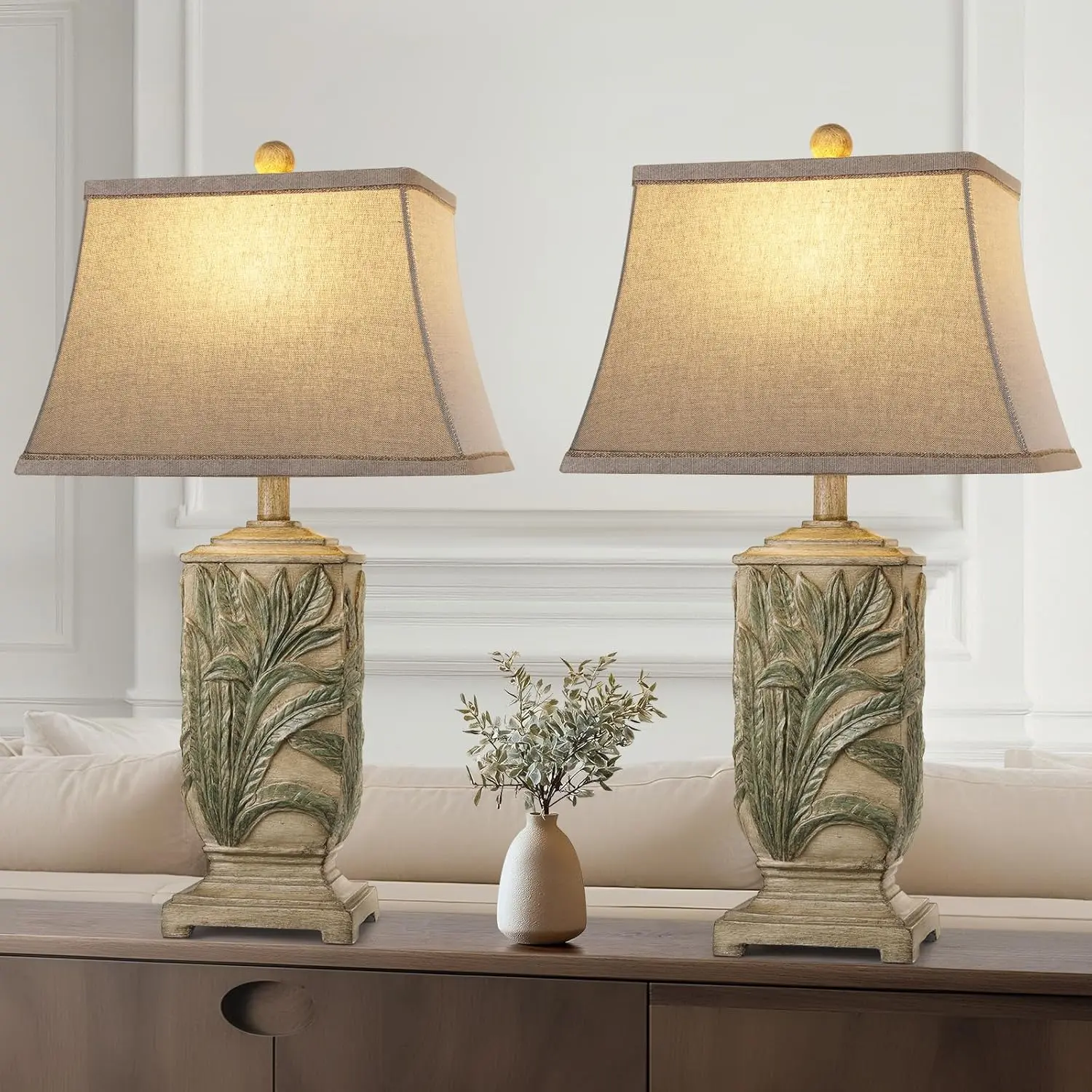 25" Vintage Table Lamps, 3 Color Temperature Rustic Retro Beside Lamp Set of 2, Farmhouse Resin Table Lamp for Living Room Bedroom Nightstands, Rotary Switch, Carved Leaf(2 Bulbs Included)