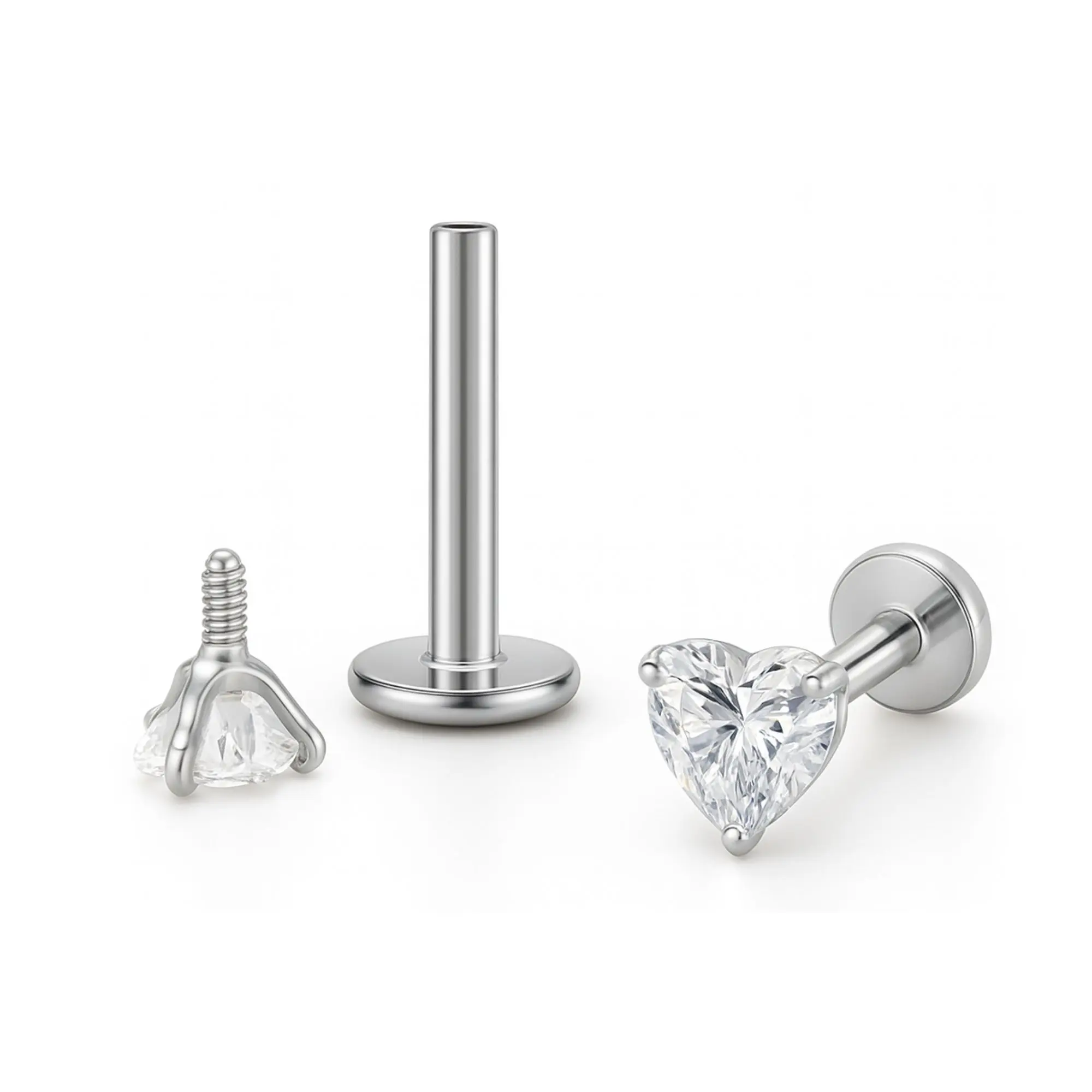 Small Heart Solitaire Flat Back Stud Earrings by Ginger Lyne for Cartilage Helix Tragus –  Stainless Steel Body Piercing Jewelry with 3mm Clear Cubic Zirconia  –  2 Sets 16g 6mm and 8mm Lengths