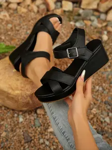 Women's Fashionable Solid Color Platform Sandals, Casual Comfortable Buckle Sandals for Summer, Lightweight Breathable Shoes for Daily Wear, Girl, Strapy Sandal, Adjustable strappy sandals