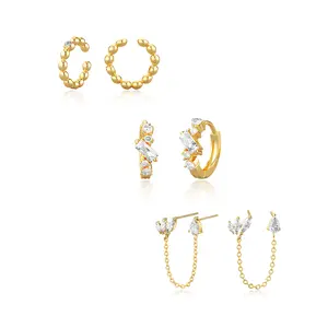 TEWIKY 14K Gold-Plated Earrings Set - 4 Pairs with Cubic Zirconia Ear Chains Hoops Teardrop & Beaded Clips for Valentine's Day & Various Occasions