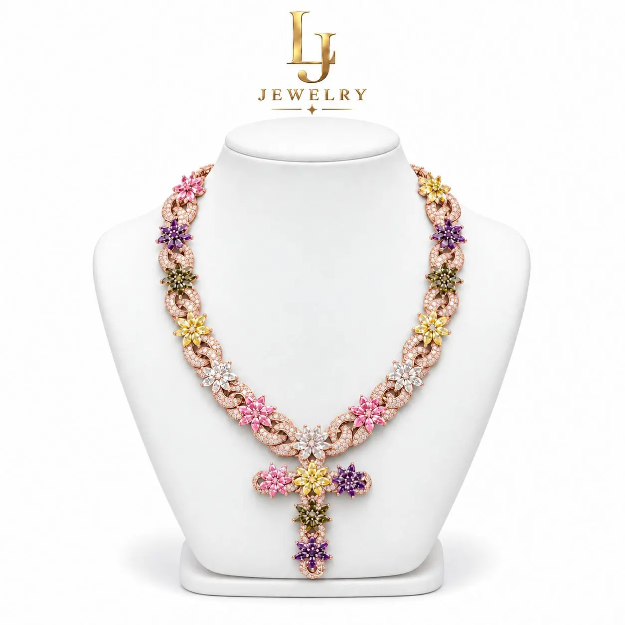 24In Rose Gold Frosted Cross,  Statement Necklace, Sparkling Fashion Necklace for Everyday Styling  XL61
