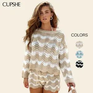 CUPSHE TikTokShopSpringGlowUp Breathable Knit Swim Coverup - Lightweight Striped Long Sleeve Beach Top - Perfect for Boat Days, Pool Parties & Tropical Getaways WomensfashionW