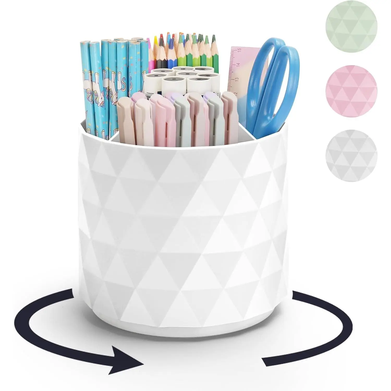 360-Rotating Synthetic Large Desk Storage Unit Organizer with 5 Compartments, Stylish Modern Curve Design, Smooth Edge Sparkling Pen Holder Pencil Cup - Manufacturer Warranty for Office Workers (White)