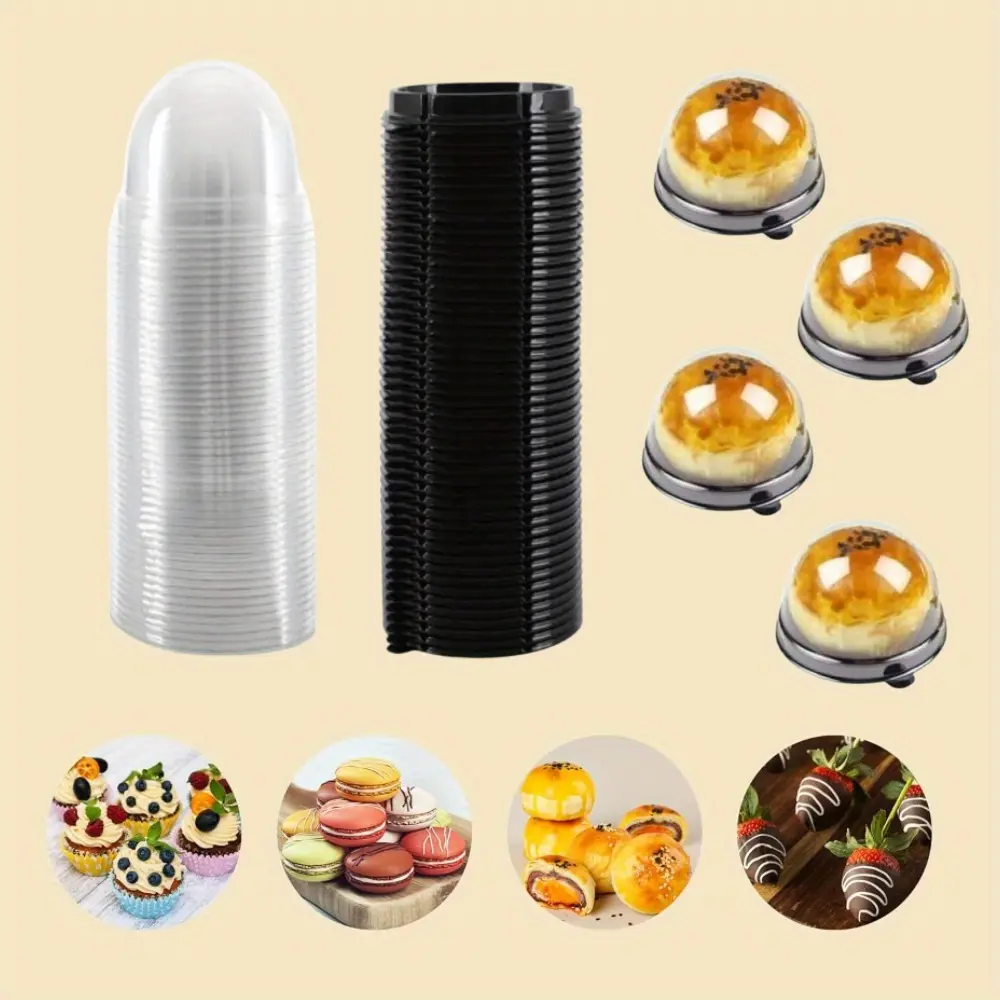 100-Pack Plastic Round Cake Cups - Baking Accessories with Secure Tight-Seal, Elegant Design (2.8x2 in, 2 inch height, 2.36 inch bottom diameter) - Kitchen Bakeware for Chocolate Covered Cookies, Mooncakes - Baking Gift for Birthdays, Anniversaries