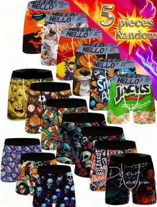 5Pcs Men's Printed Boxer Briefs - 90% polyester, 10% spandex, Breathable Moisture-Wicking, Soft Comfort, Anti-Chafing, Plus Size S-XXXL for Daily Wear