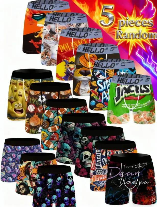 5Pcs Men's Printed Boxer Briefs - 90% polyester, 10% spandex, Breathable Moisture-Wicking, Soft Comfort, Anti-Chafing, Plus Size S-XXXL for Daily Wear
